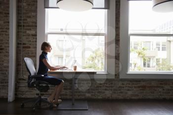 Businesswoman Sitting At Desk By Window Working On Laptop