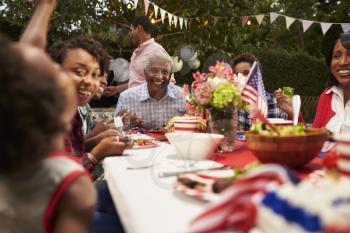 Multi generation black family at 4th July barbecue, close up