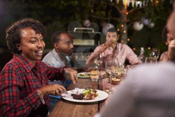 Adult black family enjoy dinner and conversation in garden