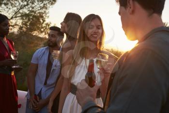 Adult friends at a party on a rooftop at sunset, close up