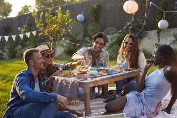 Group Of Friends Enjoying Outdoor Picnic In Garden