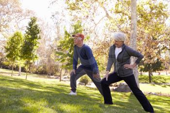 Senior Couple Stretching Whilst Exercising Together In Park