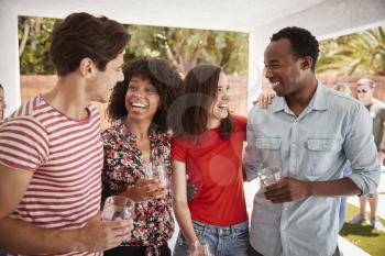 Young adult friends talking at a backyard party
