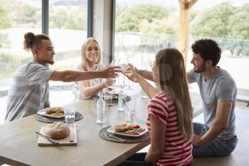 Four young adult friends celebrating at a dinner party raising their wine glasses, close up