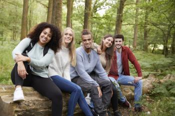 Multi ethnic group of five young adult friends taking a break sitting on a fallen tree in a forest during a hike, portrait