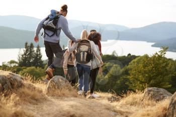A group of mixed race young adult friends descending after a mountain hike, back view