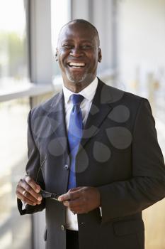 Portrait of a smiling businessman holding glasses