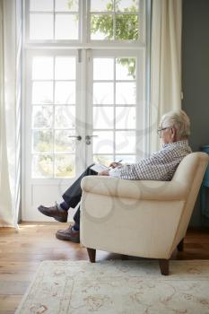 Senior man sitting in armchair doing  crossword