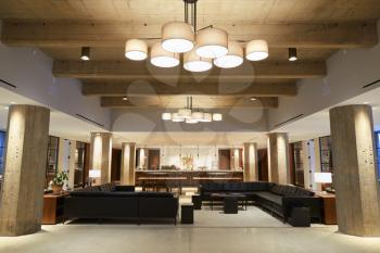 Empty bar lounge area in modern business premises, wide shot