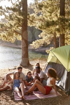 Friends relaxing on a blanket by a lake, vertical