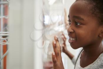 Young black girl looking closely at a science exhibit