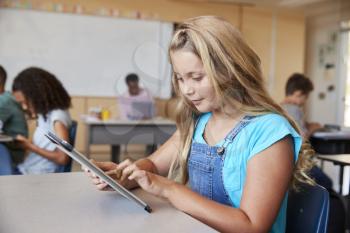 Schoolgirl using tablet in elementary school class, close up