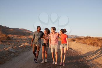 Two young adult couples walking on a desert road