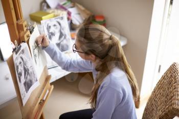 Side View Of Female Teenage Artist Sitting At Easel Drawing Picture Of Dog From Photograph In Charcoal