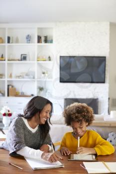 Middle aged woman doing homework with her granddaughter sitting at table in the dining room, vertical