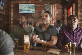 Group Of Male Friends Celebrating Whilst Watching Game On Screen In Sports Bar