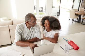 Teenage black girl helping her grandfather use laptop computer, smiling at each other, elevated view