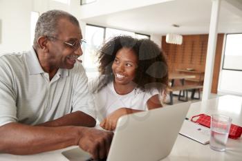 Teenage black girl helping her grandfather use a laptop computer, smiling at each other, close up