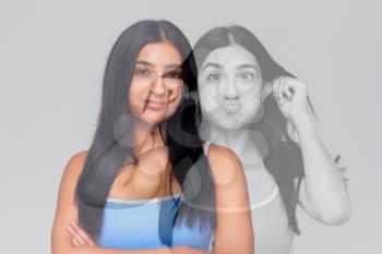 Composite Concept Image Showing Contrasting Emotions On Face Of Young Woman Using Social Media