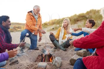 Multi-Generation Family Toasting Marshmallows Around Fire On Winter Beach Vacation