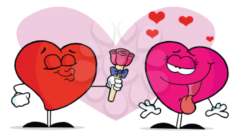 Royalty Free Clipart Image of a Male Heart Giving a Female Heart a Flower