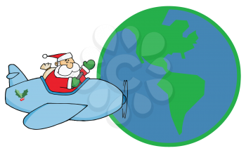 Royalty Free Clipart Image of Santa Flying Around The World In An Airplane