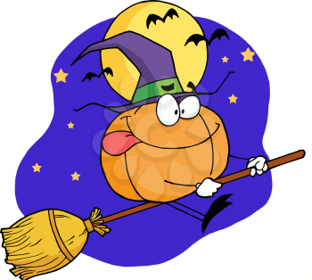 Royalty Free Clipart Image of a Pumpkin Wearing a Witch's Hat Riding a Broomstick