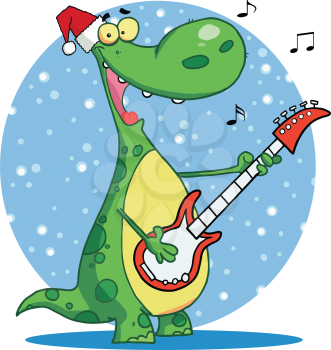 Royalty Free Clipart Image of a Dinosaur Playing Guitar on a Valentine Greeting