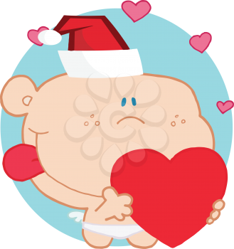 Royalty Free Clipart Image of Cupid Holding a Heart and Wearing a Santa Hat