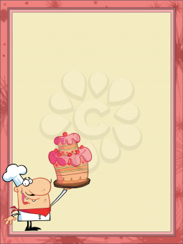 Royalty Free Clipart Image of a Background With a Baker Holding a Cake