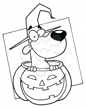 Royalty Free Clipart Image of a Dog in a Jack-o-Lantern Wearing a Witch Hat