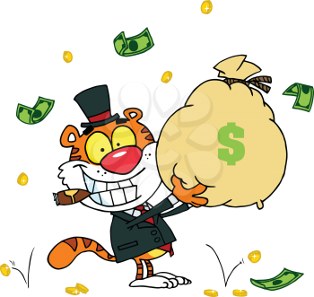 Royalty Free Clipart Image of a Tiger With a Bag of Money