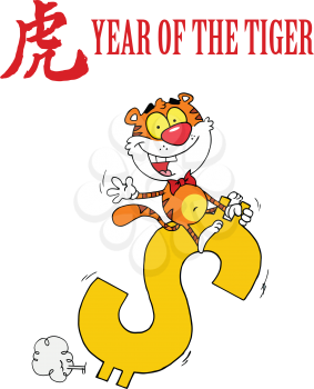 Royalty Free Clipart Image of a Tiger Riding a Dollar Sign for the Year of the Tiger