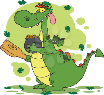 Royalty Free Clipart Image of a Leprechaun Dragon With a Pot of Gold and a Mace
