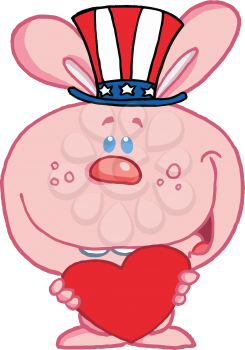 Royalty Free Clipart Image of a Pink Bunny Holding a Heart and Wearing an American Hat