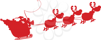 Royalty Free Clipart Image of a Red Silhouette of Santa and His Reindeer