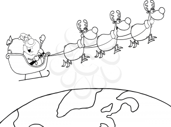 Royalty Free Clipart Image of Santa and His Reindeer Flying Around the World