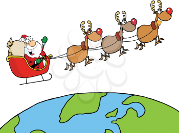 Royalty Free Clipart Image of Santa and His Reindeer Flying Around the Globe