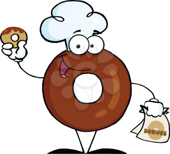 Royalty Free Clipart Image of a Chocolate Doughnut Holding a Doughnut and a Bag