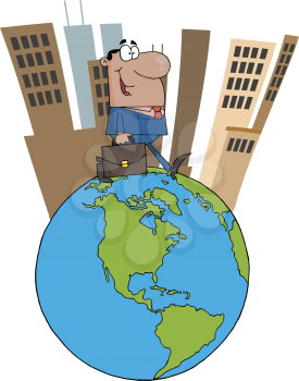 Royalty Free Clipart Image of a Man on a Globe With Building Behind Him