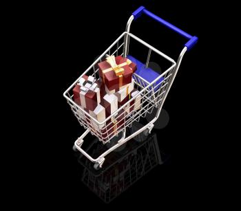Royalty Free Clipart Image of Christmas Presents in a Shopping Cart