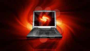 3D render of a laptop on a fiery background