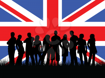 Silhouette of a group of people on Union Jack background