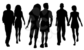 Silhouettes of couples walking