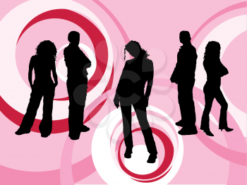 Silhouettes of young people on retro background