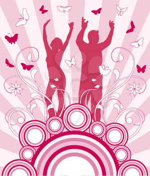 Silhouettes of people dancing on retro background