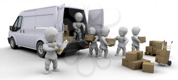 3D removal van and men with boxes isolated 