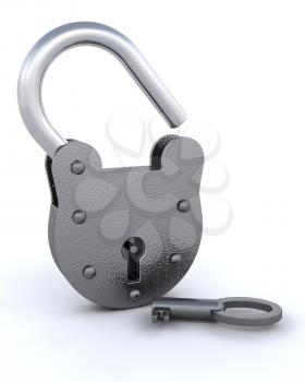 3D unlocked Security padlock with a key - isolated 