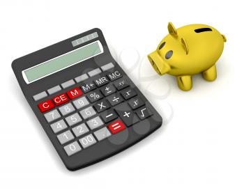 3D render of a piggy bank and a calculator