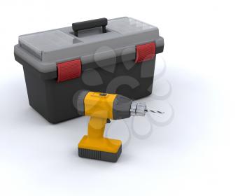 3D render of a power drill and a tool box
